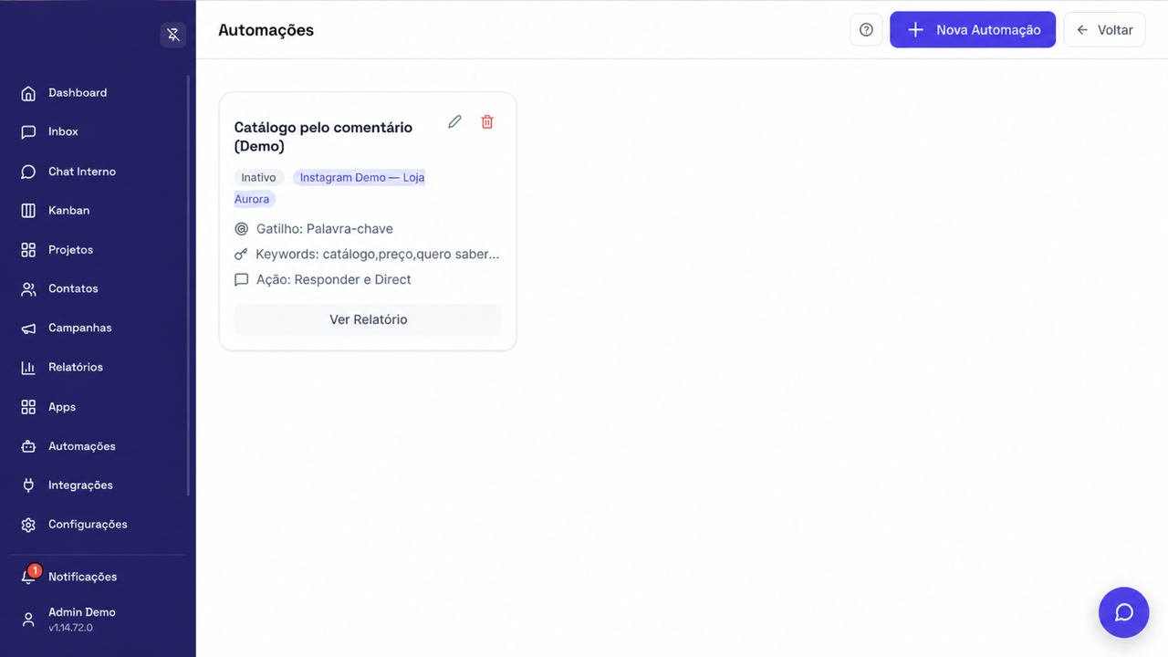 Painel real de Automações do Instagram da empresa Demo