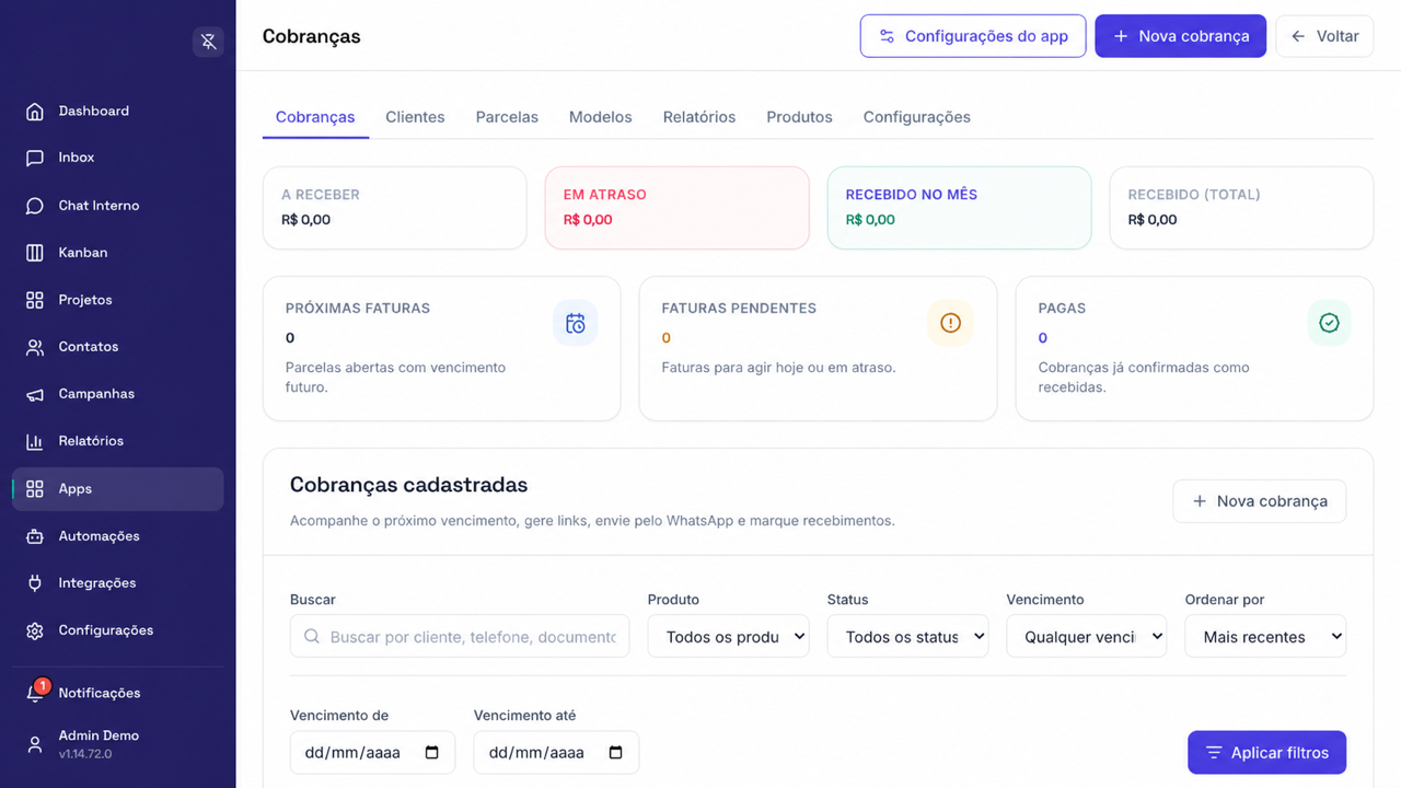 Painel de Cobranças da empresa demo