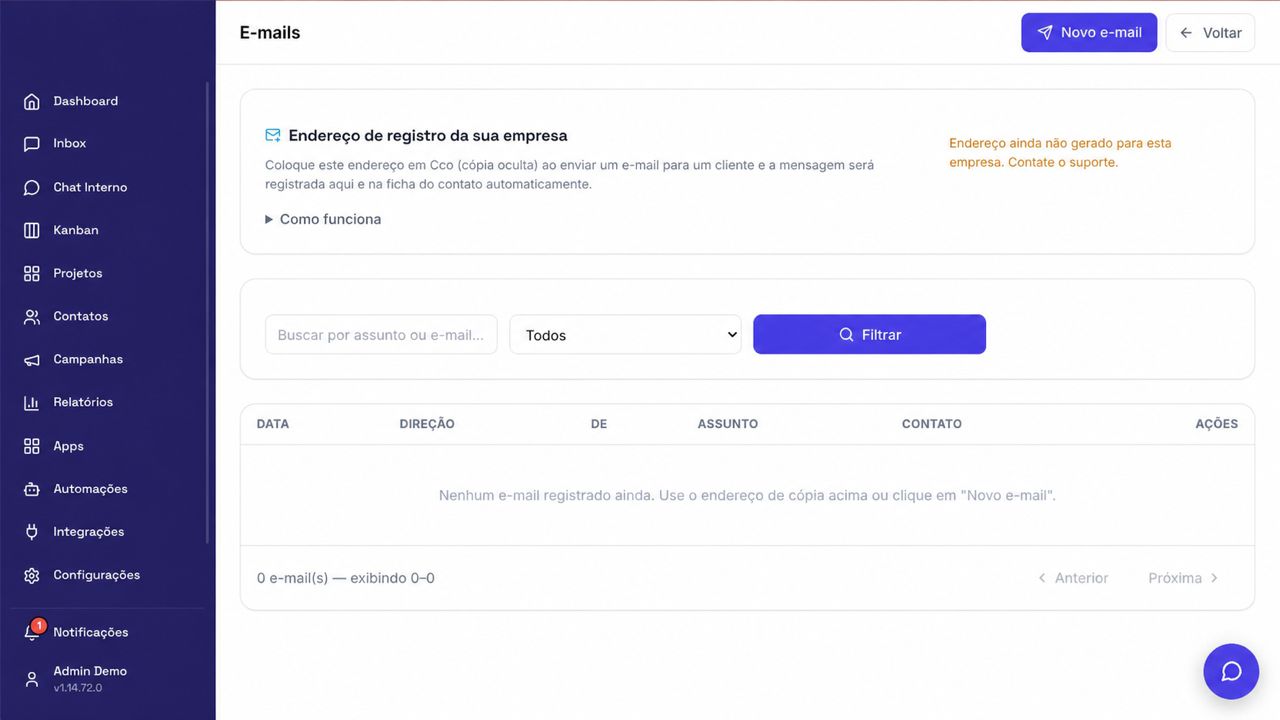 Tela de histórico e filtros de e-mails