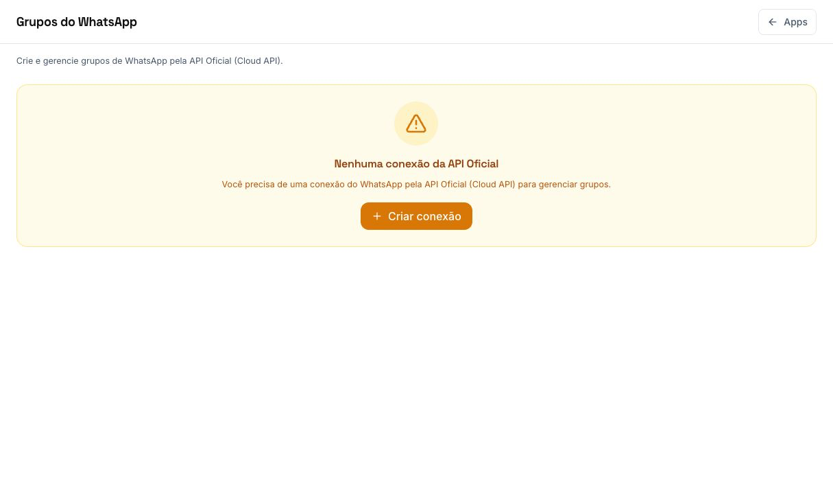 Tela real de preparação do módulo Grupos da API Oficial