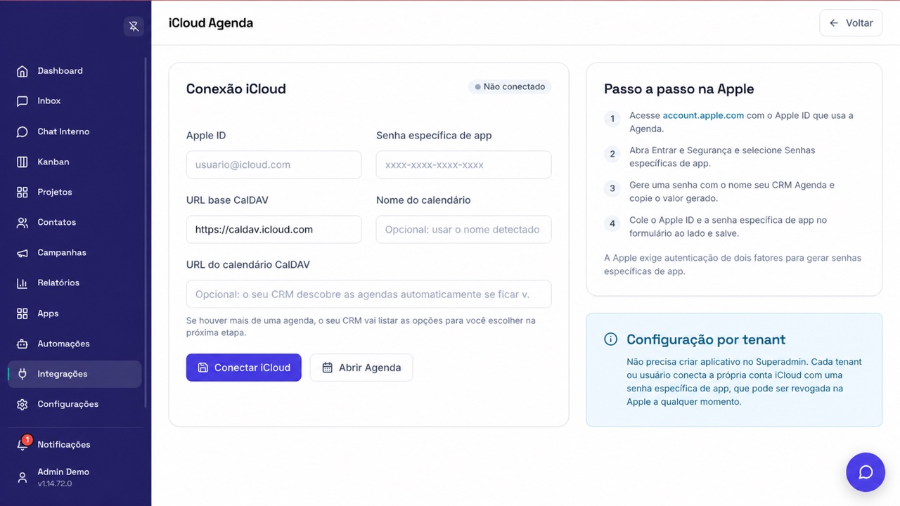 Configuração de iCloud Agenda