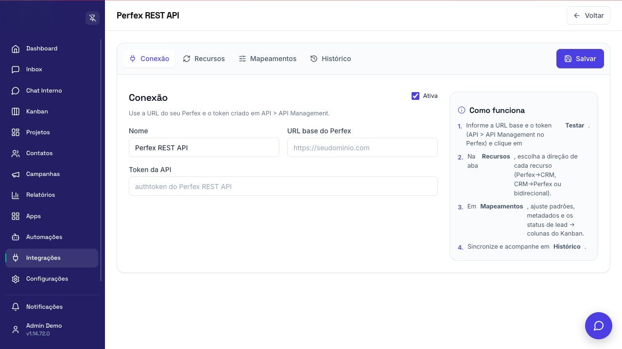 Tela de configuração de Perfex REST API