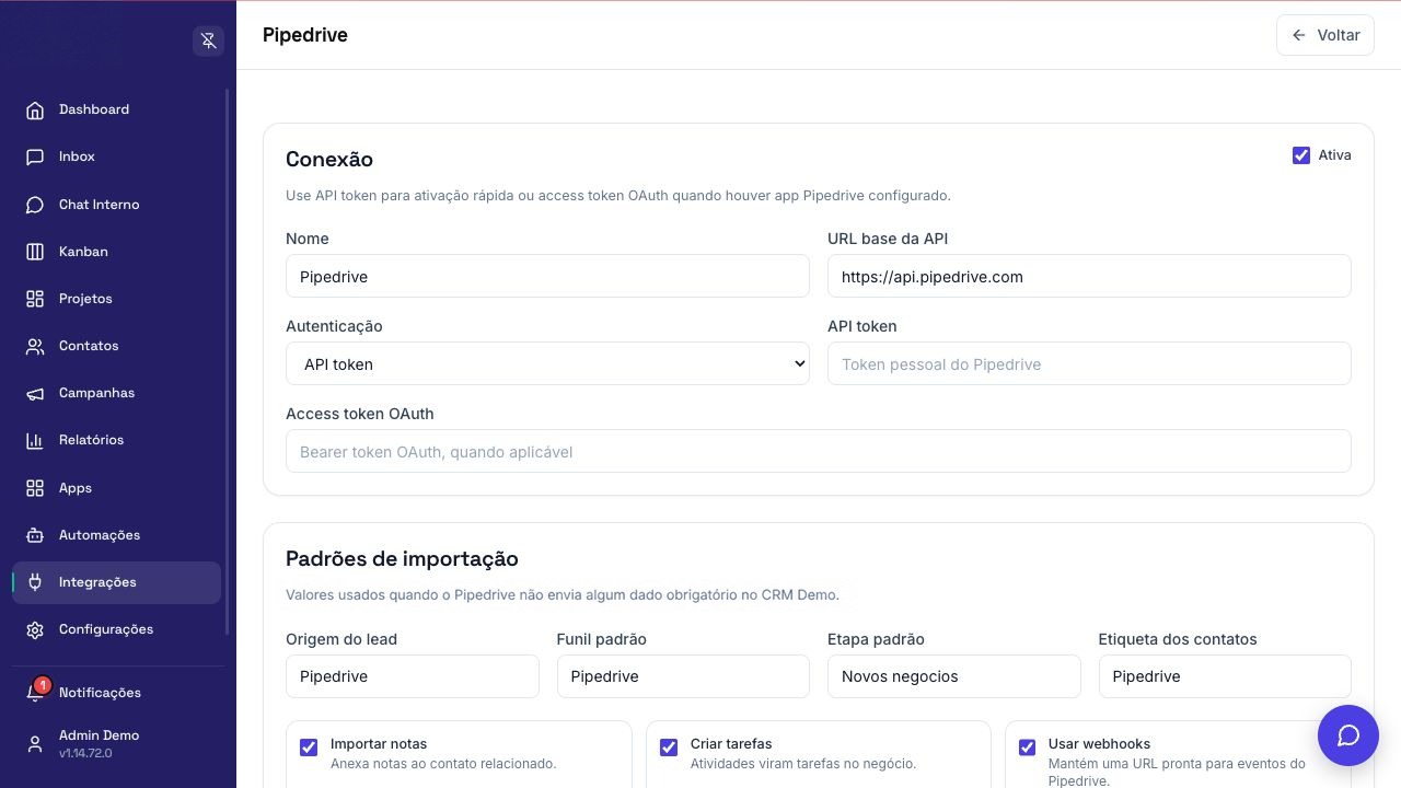 Tela de configuração de Pipedrive