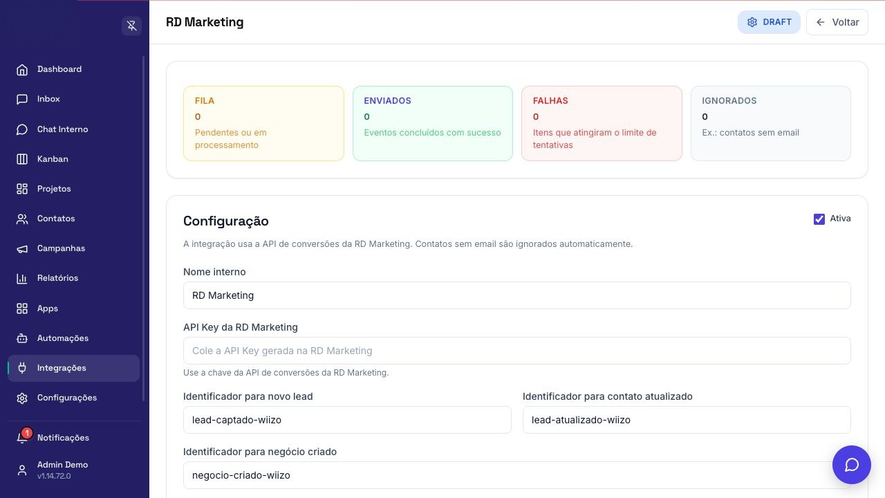 Tela de configuração de RD Marketing