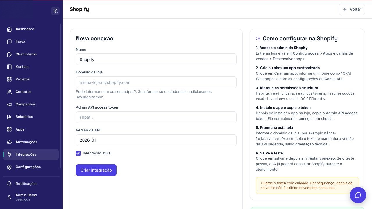 Tela de configuração de Shopify