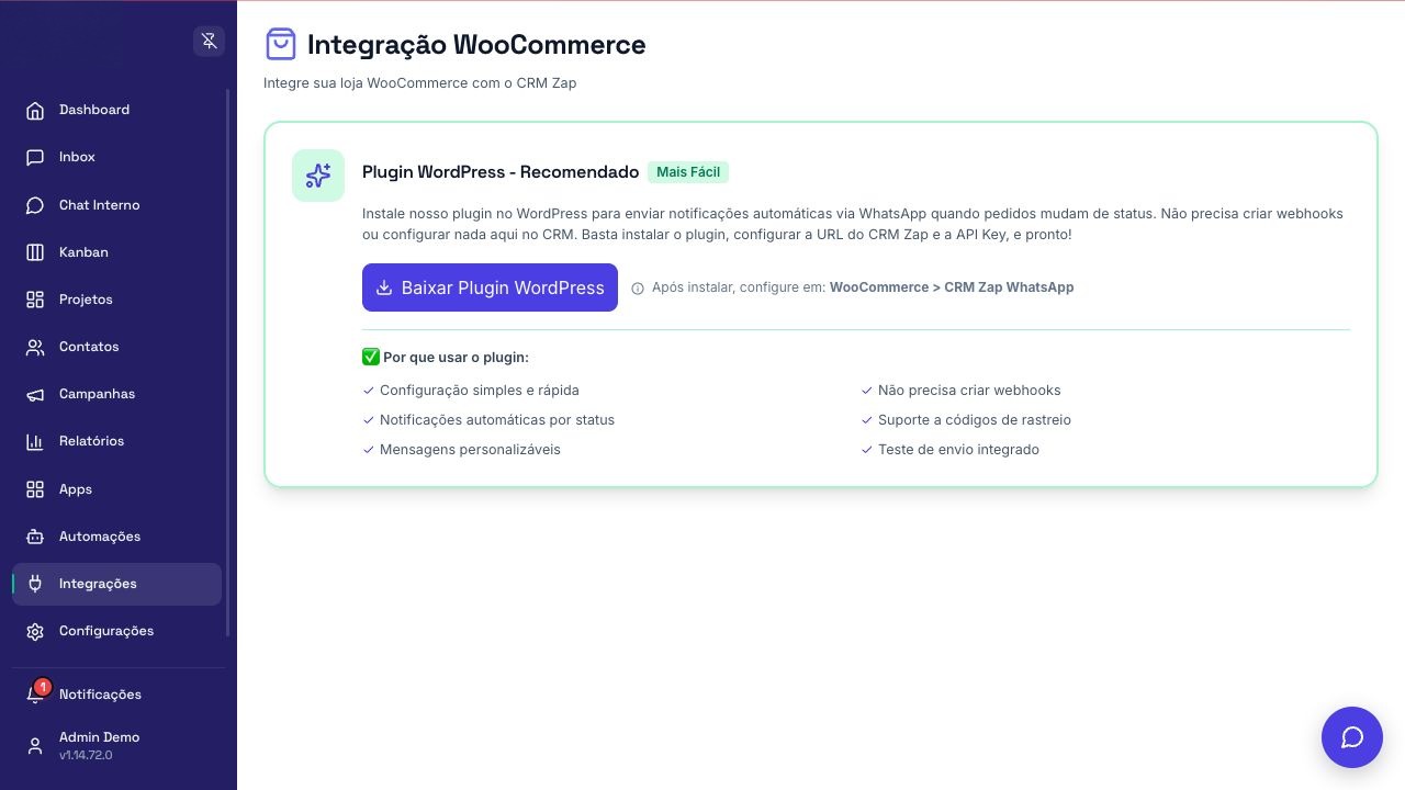 Tela de configuração de WooCommerce