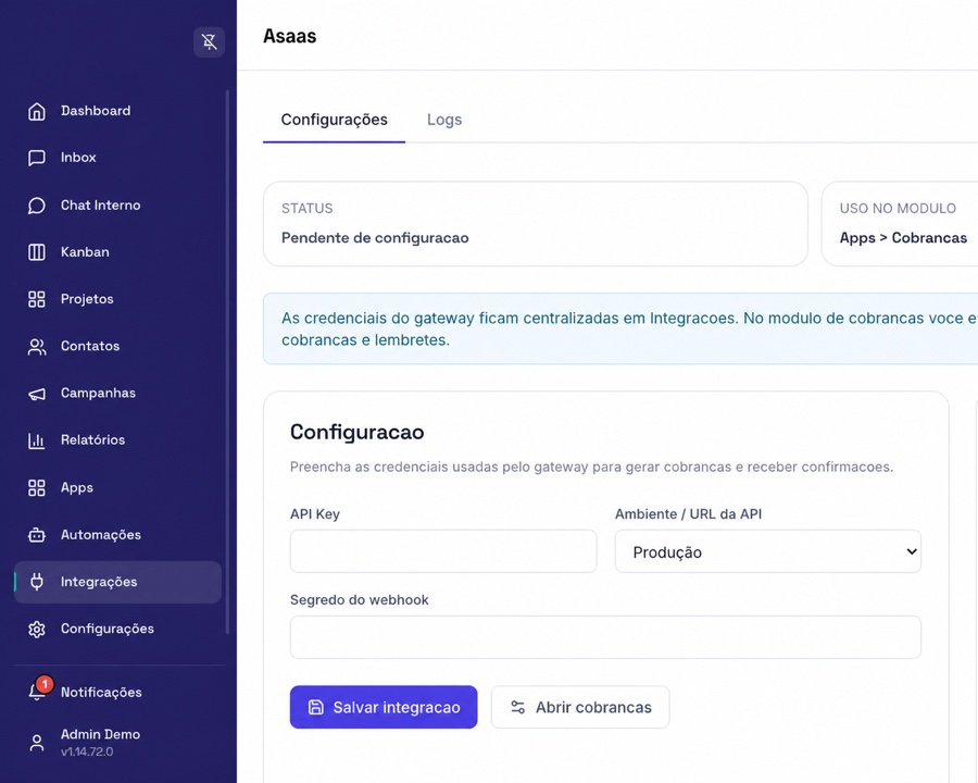 Configuração de Asaas na empresa Demo