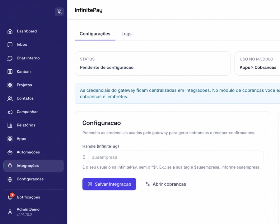 Configuração de InfinitePay na empresa Demo