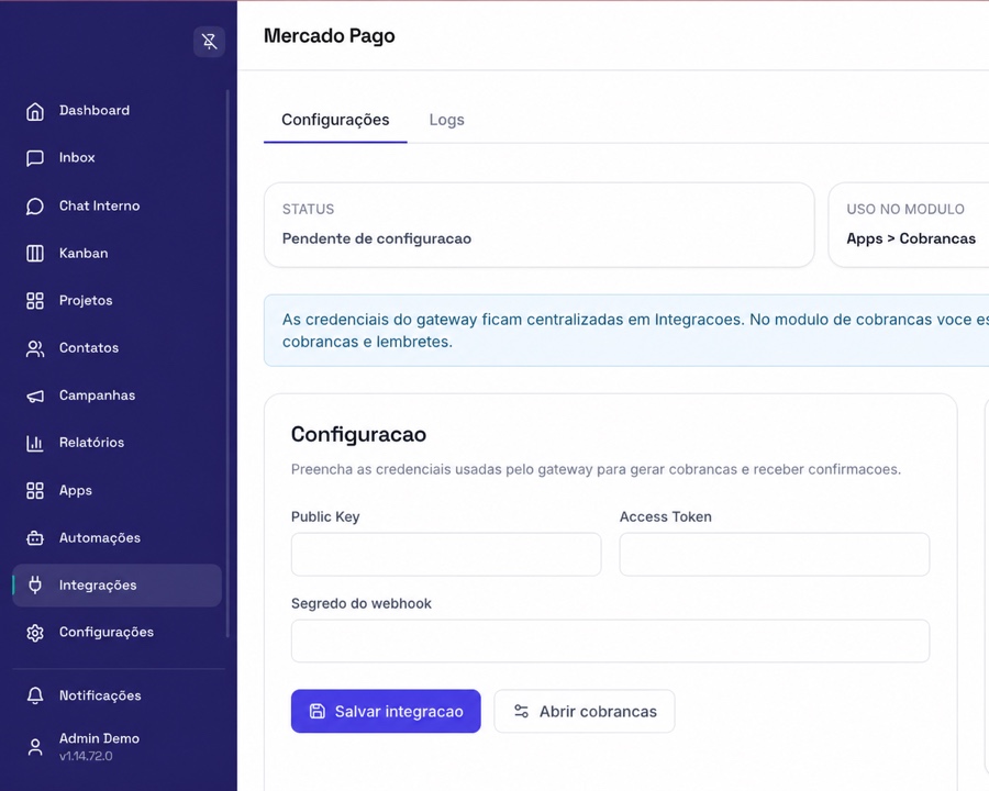 Configuração de Mercado Pago na empresa Demo