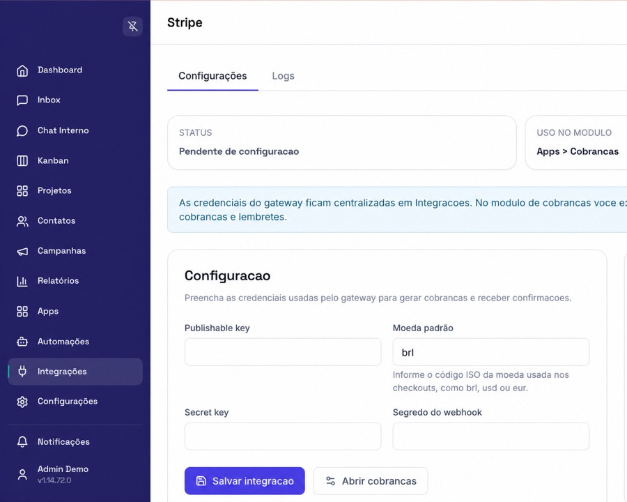 Configuração de Stripe na empresa Demo
