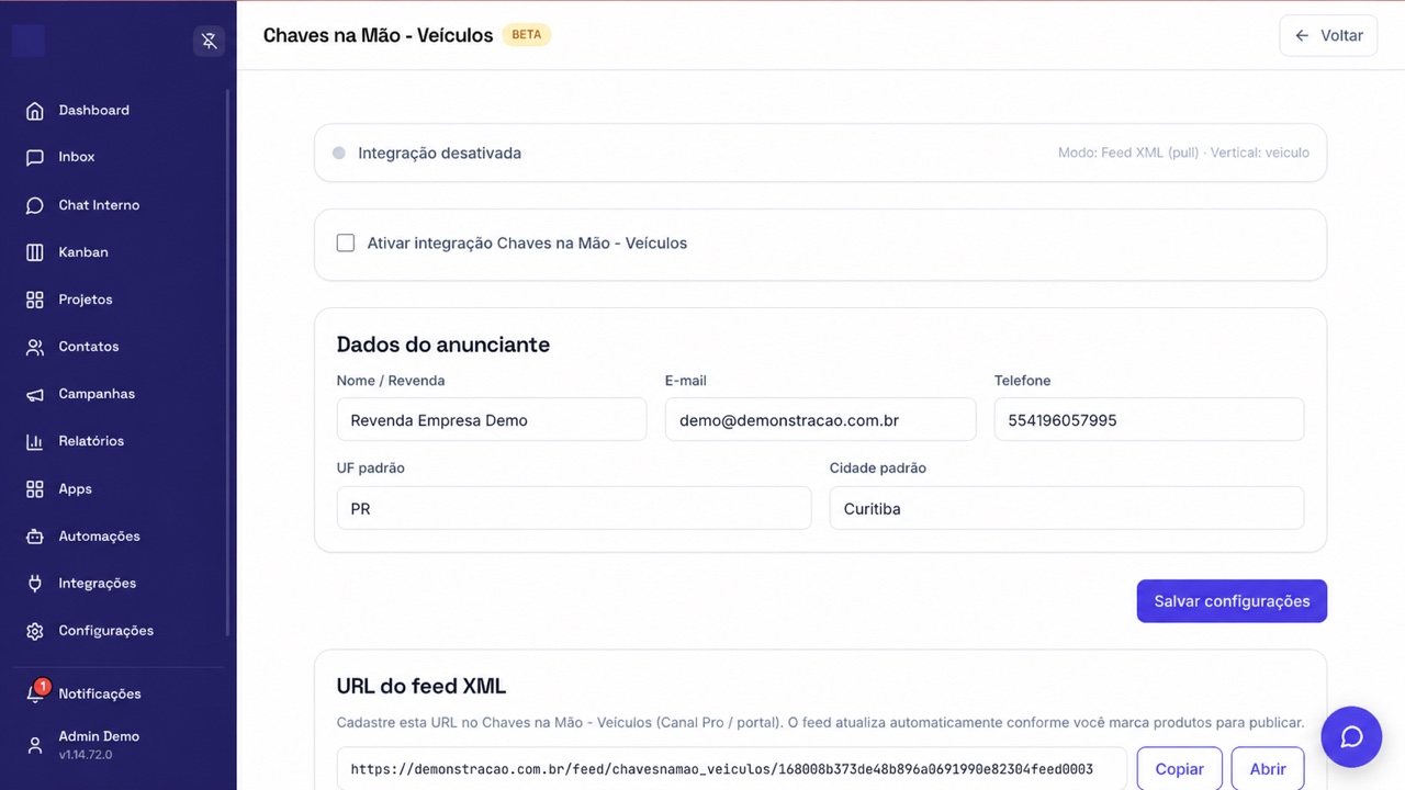 Configuração real de Chaves na Mão - Veículos na empresa Demo