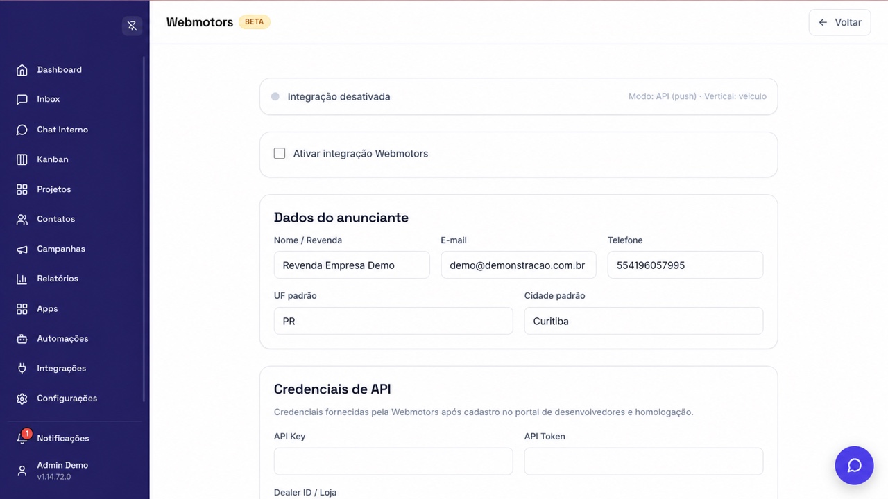 Configuração real de Webmotors na empresa Demo